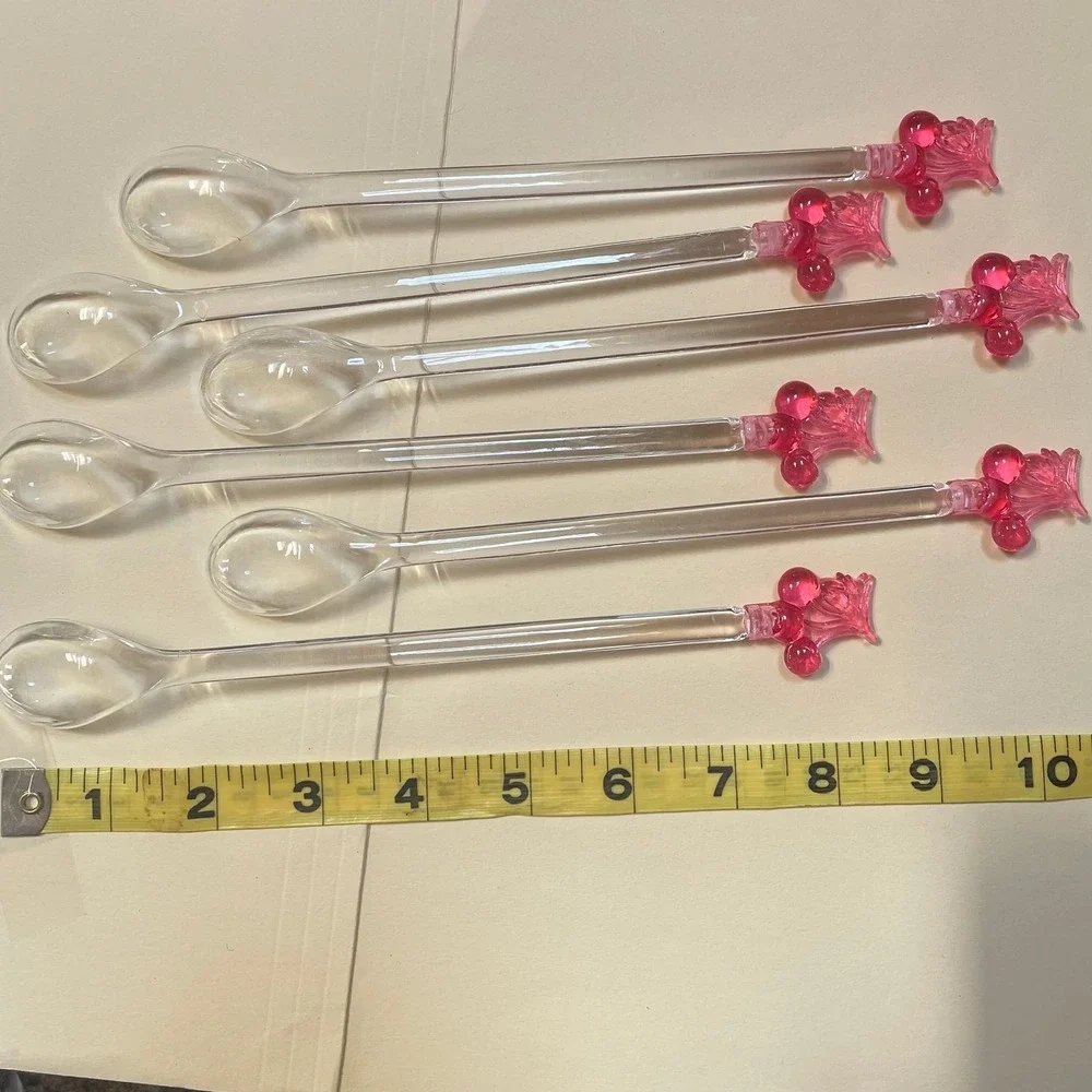 Vintage Plastic Cherry Top Swizzle Spoons Stir Sticks Set of 6 – 8